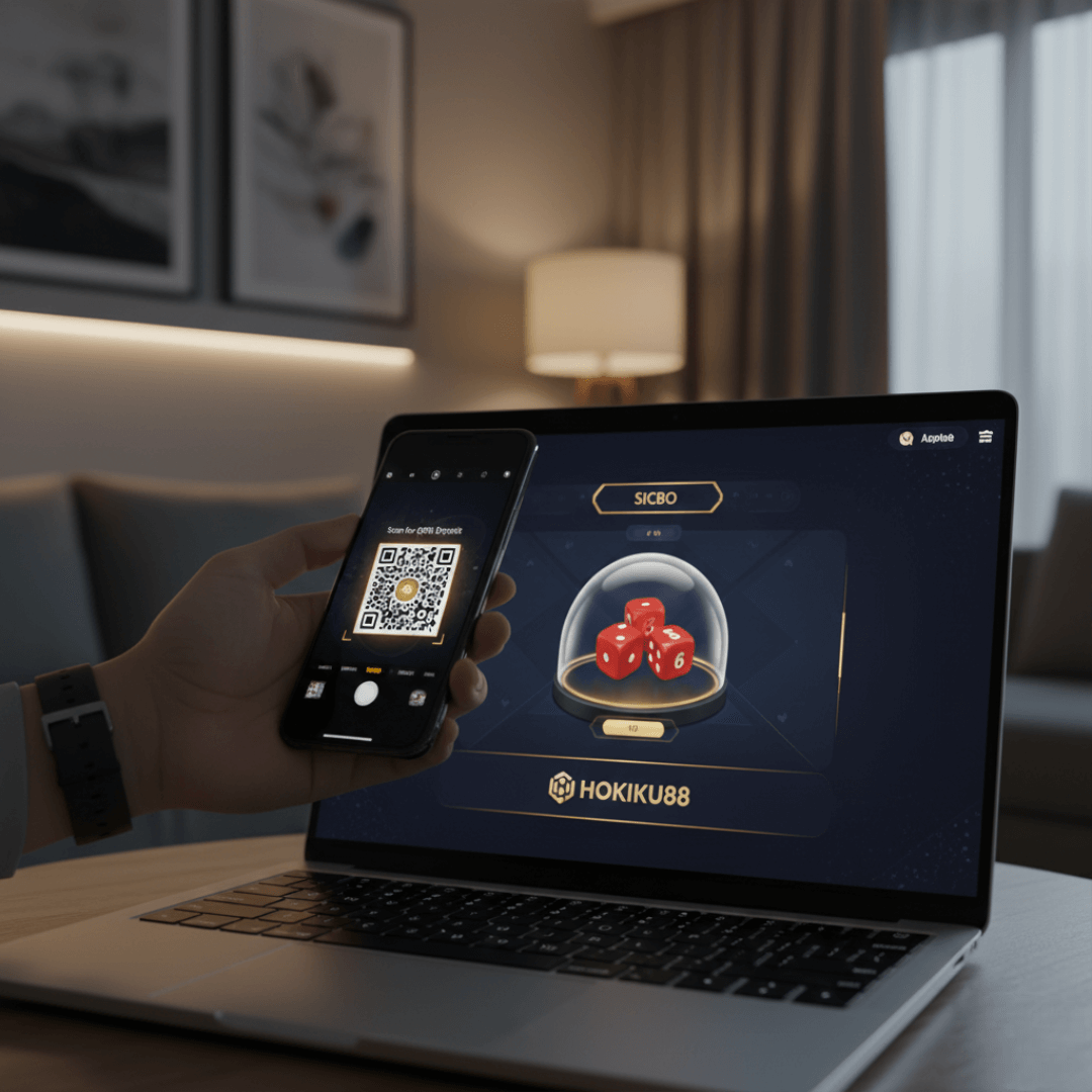 Seseorang melakukan deposit QRIS untuk bermain Sic Bo online di platform Hokiku88 melalui smartphone dan laptop.