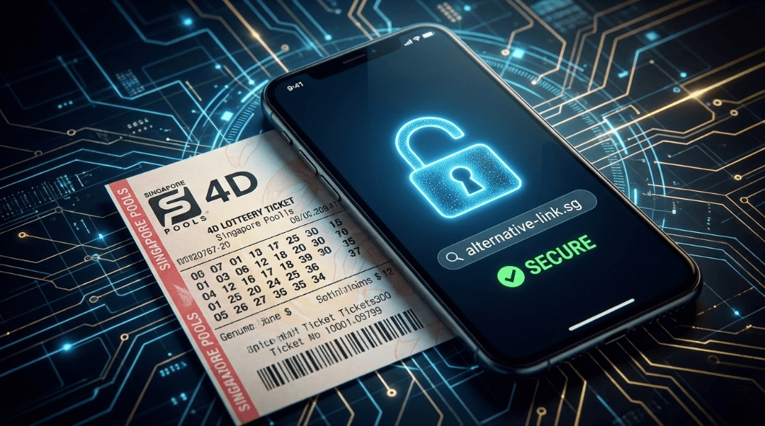 Tiket togel Singapore Pools di samping smartphone yang menampilkan ikon gembok dan link alternatif aman.