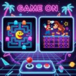 Ilustrasi digital game arcade retro Pac-Man dan Donkey Kong dengan efek pixel art neon, suasana nostalgia dan menyenangkan