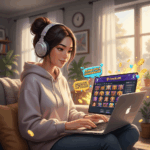 Pemain pemula sedang bermain slot online di Dewiku88 dengan layar menampilkan animasi koin dan jackpot, suasana modern dan ceria.